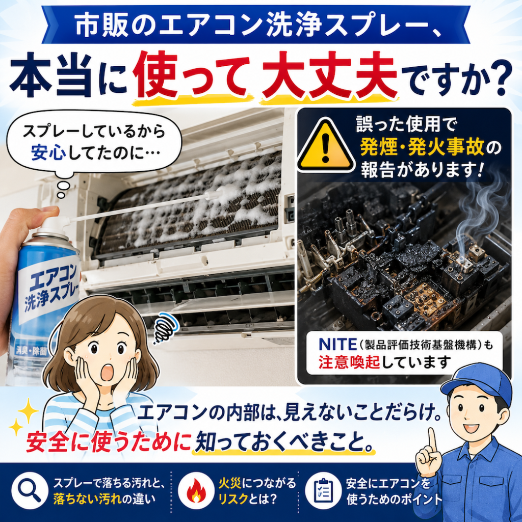 市販のエアコン洗浄スプレー、本当に使って大丈夫ですか？火災や故障を防ぐために知っておきたいこと